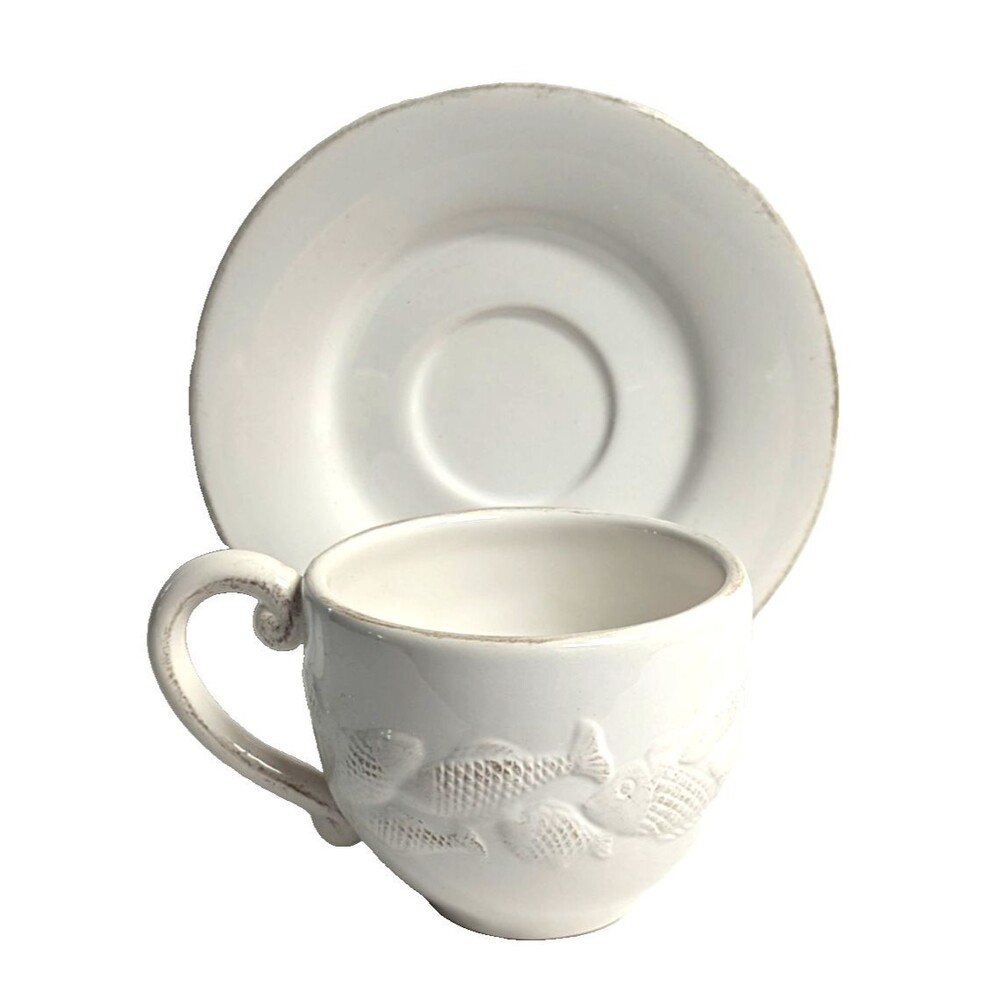 burton+Burton Mariner Bay Ceramic Teacup & Saucer Gift Set Fish Rustic Boxed